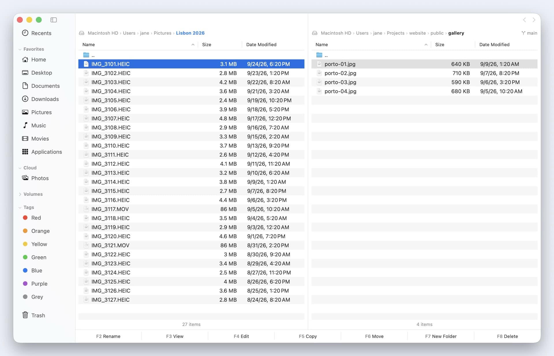In Dirnex, three photos are marked with Space, F5 copies them to the other pane, and Tab moves there to the copies.
